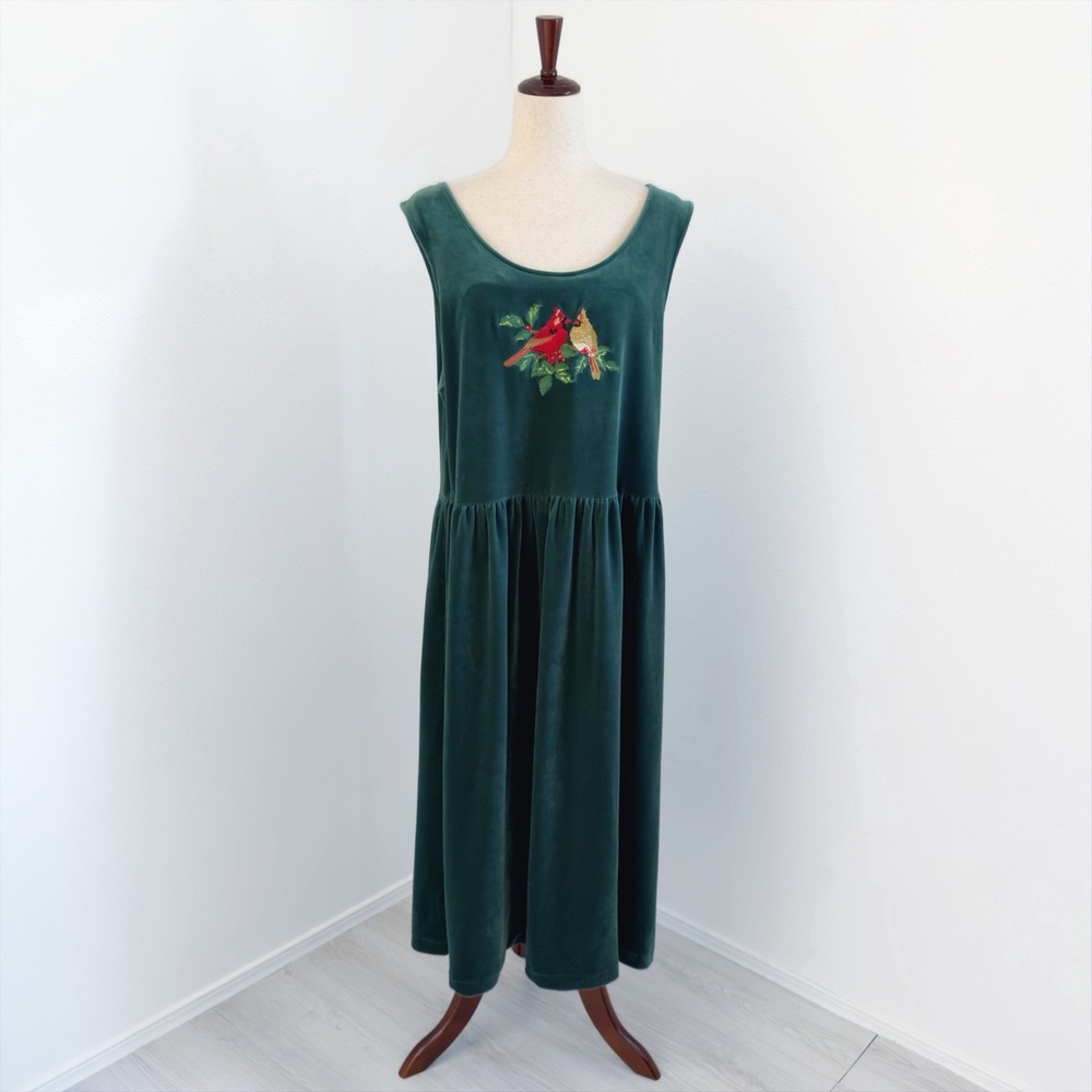 VTG National Wildlife Federation Velvet Jumper Dress Size XL Green Bird Holiday